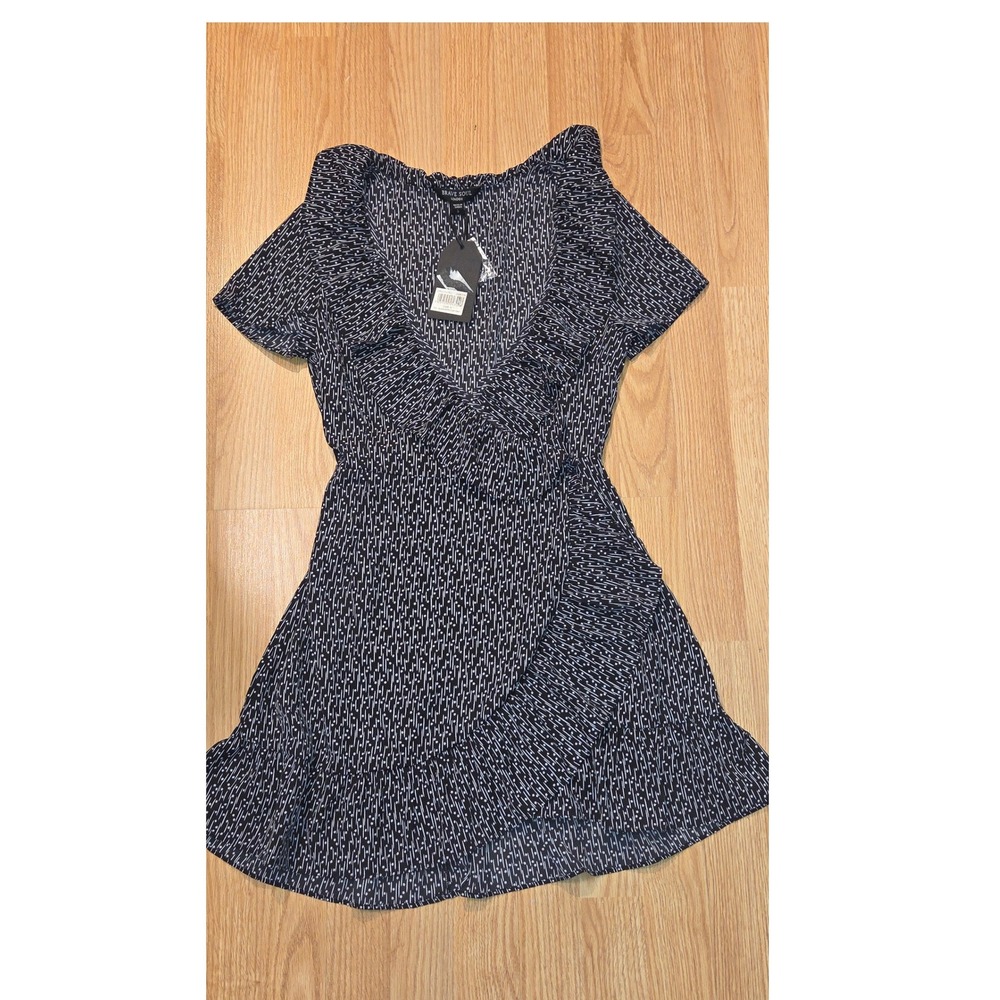 Brave Soul London Black White Star Print Ruffle V-Neck Mini Wrap Dress LDRW-272A